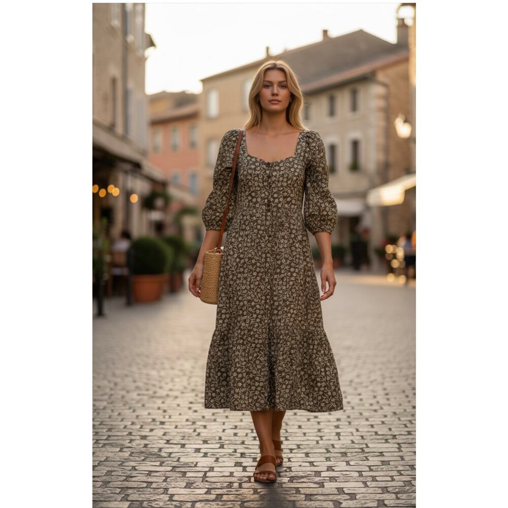 Emerson Fry Olive Green Floral Midi Dress